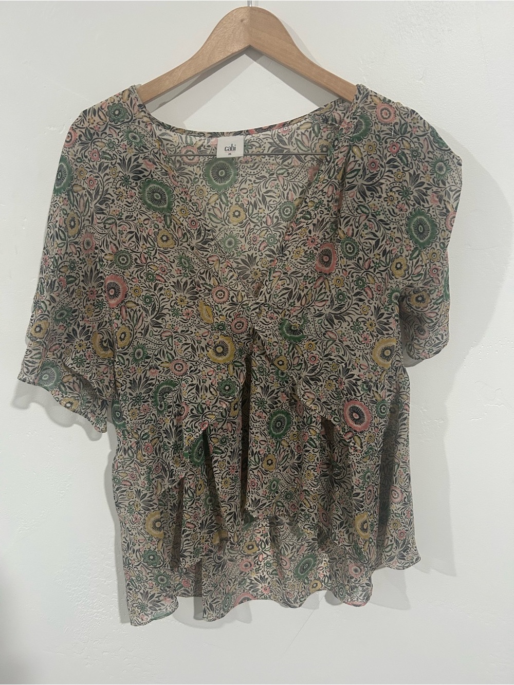 CAbi V-Neck Short Sleeve Peplum Blouse in Multi Green, Pink, Yellow